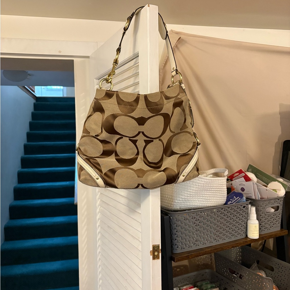 Coach Signature Pattern Shoulder Bag in Brown and Tan